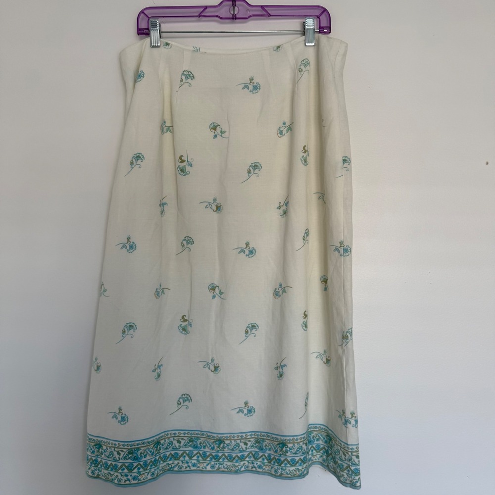 Jillian Jones Vintage Wrap Skirt 16 Linen‎ Rayon Blend White Blue Floral Cottage
